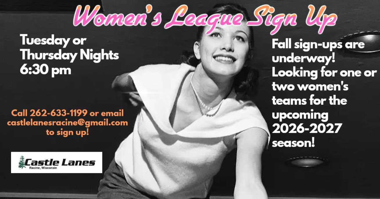 Smiling woman bowling; join women’s leagues at Castle Lanes Bowling Racine Wisconsin.